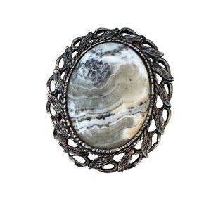 Dendritic Jasper Vintage Brooch Pin Gray & White Stone Metal Frame 2" x 2.5"